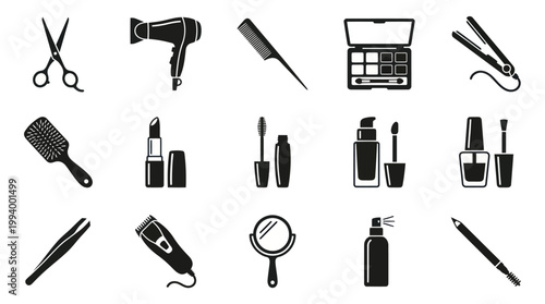 Black Silhouette Icons Set of Beauty Salon, Hairdressing Tools, and Cosmetics