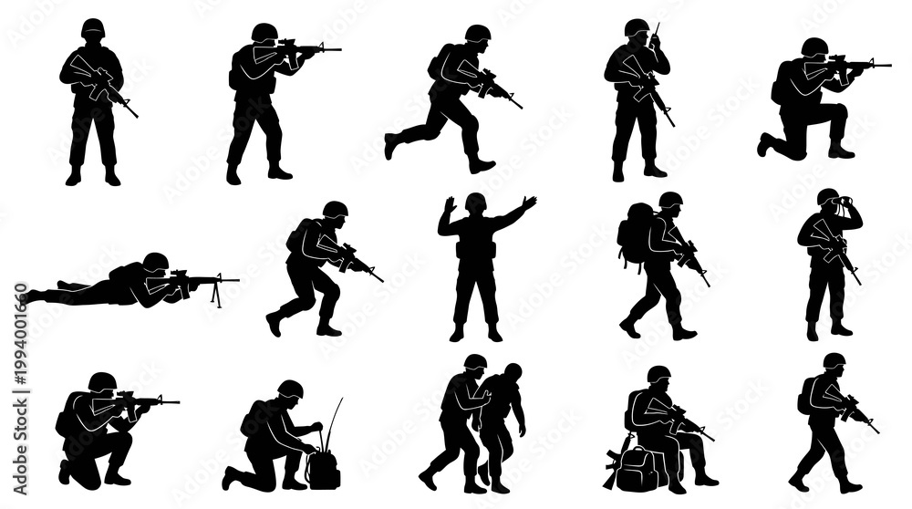 Fototapeta premium Military Soldiers Silhouettes Vector Set for Army and Warfare Design