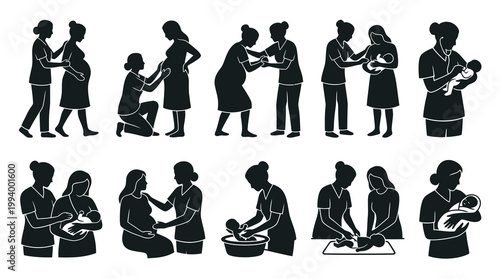 Pregnancy and Newborn Care Icons - Motherhood  Maternity Black Silhouettes