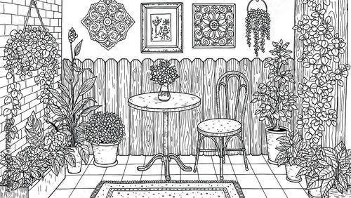 Charming sketch of a quaint outdoor bistro scene with lush vegetation and rustic decor