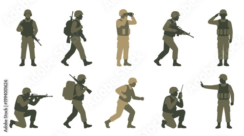 Flat Vector Illustration Set of Army Soldiers and Military Personnel Characters