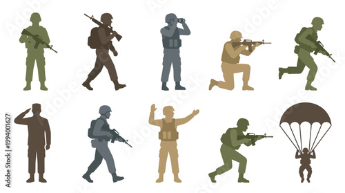 Military Soldier Silhouettes Vector Set - Flat Army Personnel, Defense, Security Illustrations