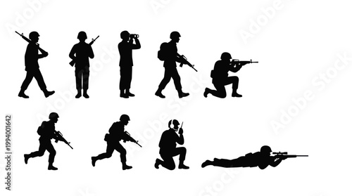 Military Army Soldier Silhouettes Vector Set of Combat Personnel Poses