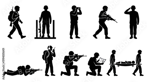 Army Soldiers Military Personnel Silhouettes Vector Set - Warfare and Combat Icons