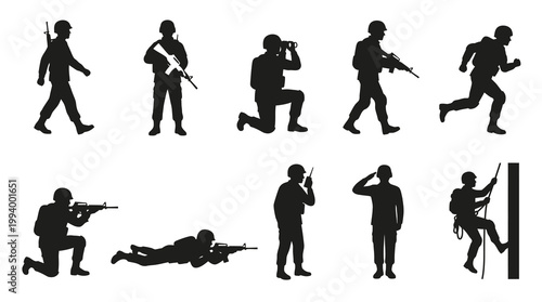 Military Soldiers Vector Silhouettes - Army Personnel Action Poses Glyph Art