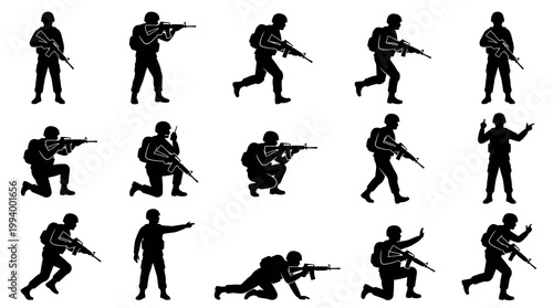 Black and White Vector Military Soldiers Silhouettes Set - Army Personnel Poses Icons