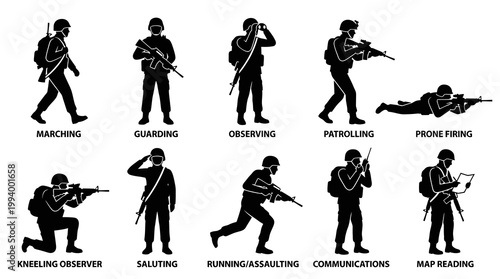 Military Army Soldiers Personnel Silhouette Vector Icons Set