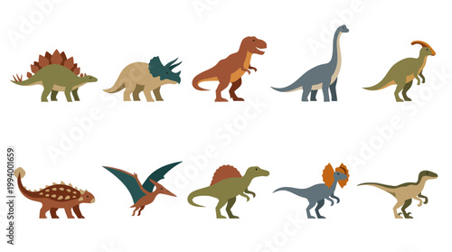 Cute Flat Design Dinosaurs Collection for Kids Education and Prehistoric Themes