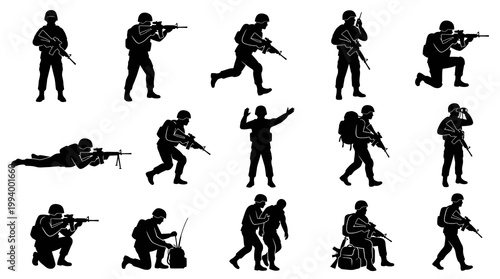 Military Soldiers Silhouettes Vector Set for Army and Warfare Design