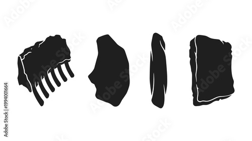 Food Industry Meat Cuts Silhouettes Vector Set. Butcher Shop Raw Meat Portions Glyph Icons.