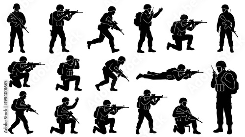 Military Soldiers Combat Poses Black Vector Silhouette Collection for Army and Security Operations