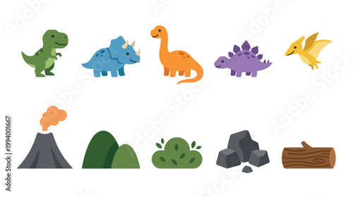 Cute cartoon dinosaurs and prehistoric elements, flat design