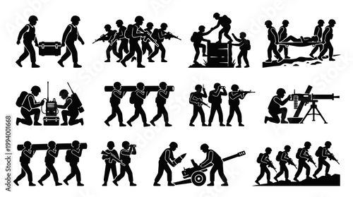 Military Army Soldiers Action Glyphs Set. Troops Combat War Silhouette Pictogram Vector Icons.