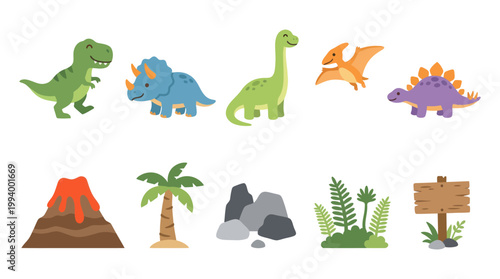 Flat Vector Dinosaur Collection. Cartoon Prehistoric Animals and Landscape Elements Set