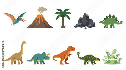 Flat Cartoon Prehistoric Dinosaurs and Environment Elements Set for Kids