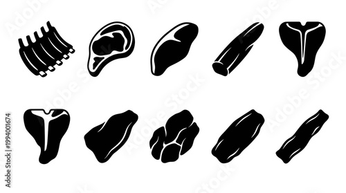 Black  White Vector Icons of Various Meat Cuts and Steaks