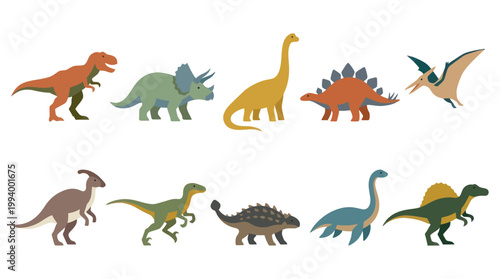 Flat Vector Illustration Set of Various Dinosaurs for Kids Education and Learning