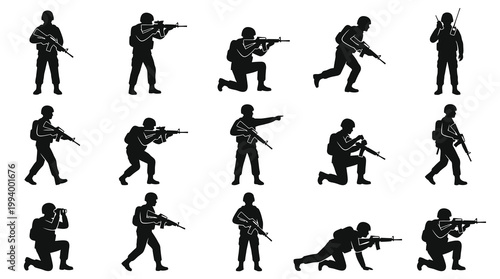 Military Soldiers Silhouettes Icon Set: Army Combat Personnel Black  White Glyph Vector
