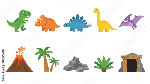 Cute Cartoon Dinosaur and Volcano Vector Icons for Kids