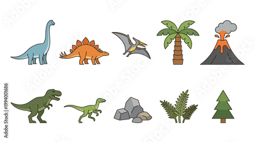Flat Design Dinosaur Icons with Volcano and Plants