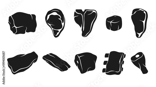 Food Meat Cuts Glyph Icons - Butcher Shop Steak, Ribs, Roast, Chop Silhouette Set