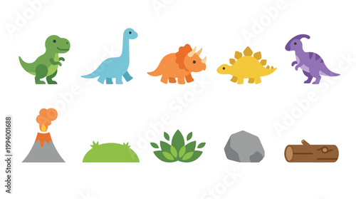 Cute Flat Cartoon Dinosaur and Prehistoric Nature Elements Vector Icons Set for Children's Education