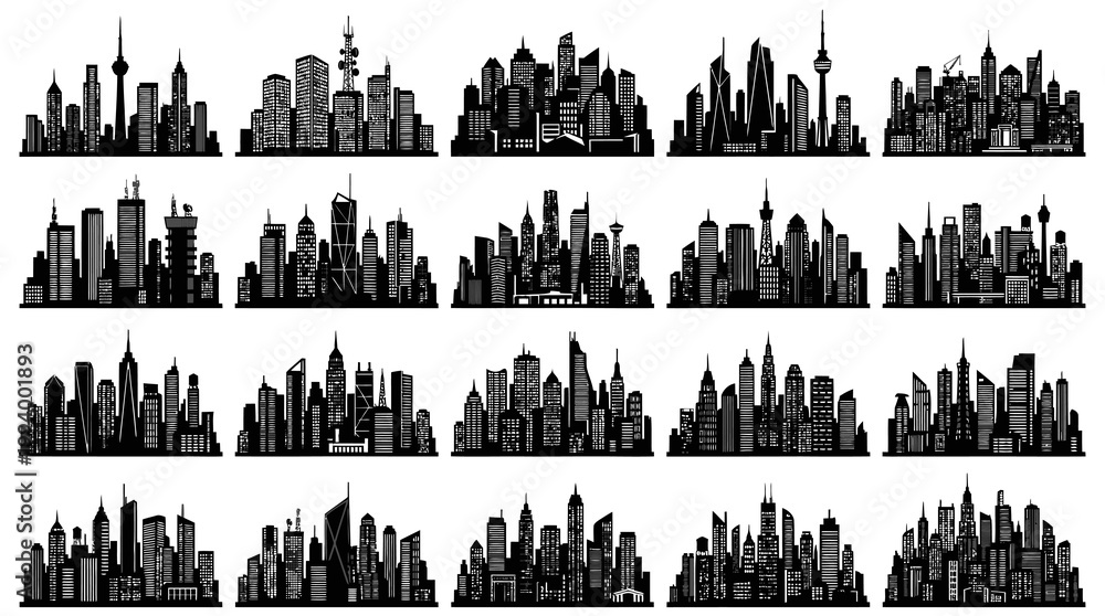 Obraz premium Flat Black Silhouette City Skylines Vector Icons - Urban Architecture Business Set
