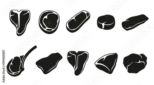 Black and White Icons of Various Beef Steaks, Meat Cuts, Food