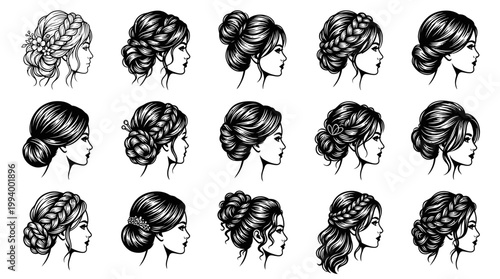 Black and White Line Art Vector of Various Elegant Bridal Hairstyles