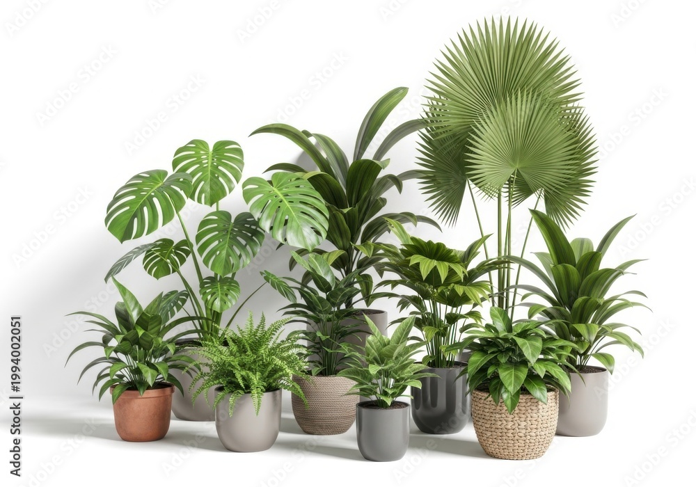 Fototapeta premium Collection of diverse potted houseplants on white background for home decor