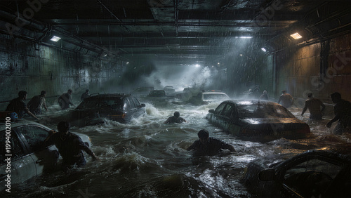 Flooded Tunnel: A scene of devastation, as a subterranean tunnel is engulfed by floodwaters, with abandoned vehicles and figures navigating the perilous waters.