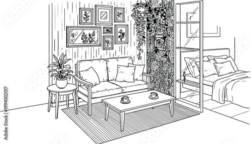 Sketch of a cozy living room interior with a sofa coffee table and wall decorations