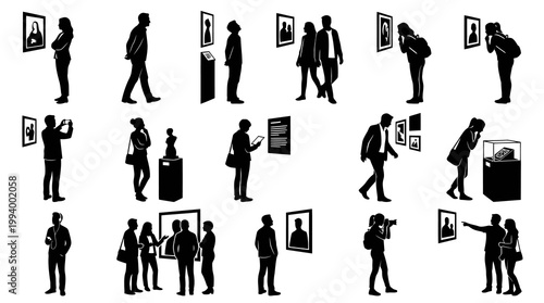 Gallery museum visitors observing art, people in exhibition, vector art