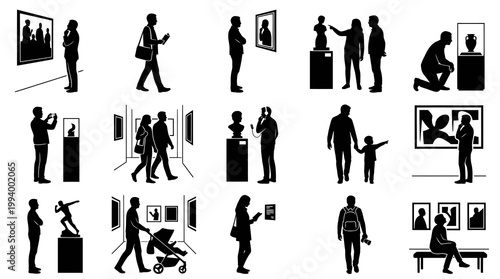 Museum and Art Gallery Visitors Silhouette Glyphs. Culture  Exhibition Icons Set.