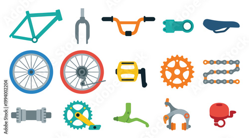 Flat Bicycle Parts Icon Set for Cycling, Sports and Transportation Industry