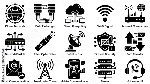 Technology Networking and Communication Glyph Icons Set - Data, Internet, Server Symbols