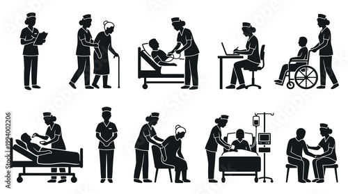 Medical Nursing Care Glyph Icons. Healthcare Professionals Helping Patients Silhouette Vector Set