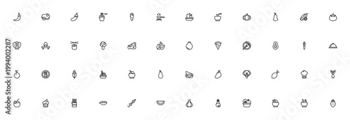 Vegan food icon set. Editable vector illustrations include fruits, vegetables, meals like sushi and pizza, and symbols for no meat, no milk.