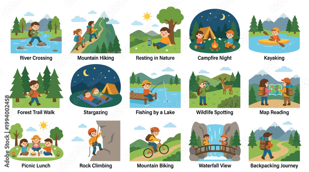 Fototapeta premium Outdoor Adventure Activities Flat Style Vector Icons Set