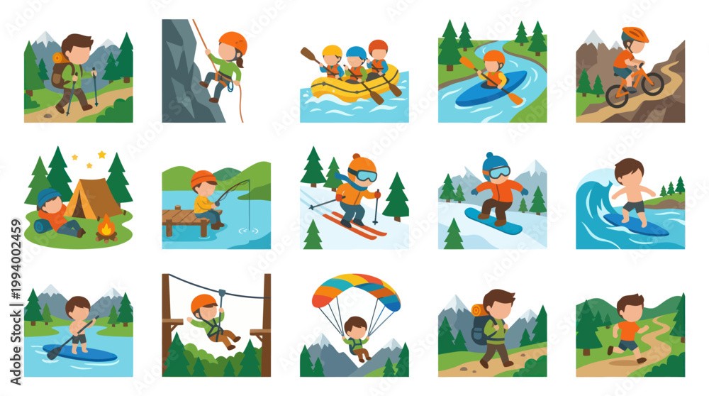 Naklejka premium Children's Outdoor Adventure Sports and Recreation Activities Flat Vector Set