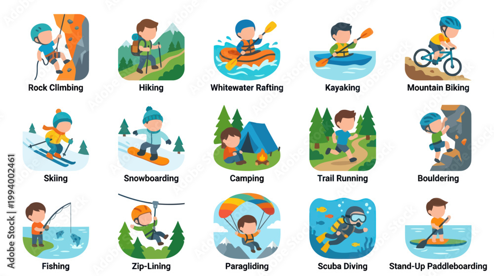 Fototapeta premium Outdoor Adventure Sports Activities Flat Design Vector Icons Set