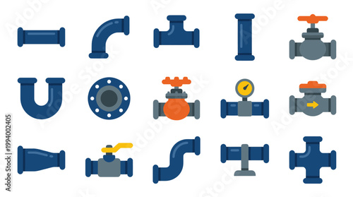 Industrial Plumbing Pipe Fittings and Valves Flat Icons Vector Set
