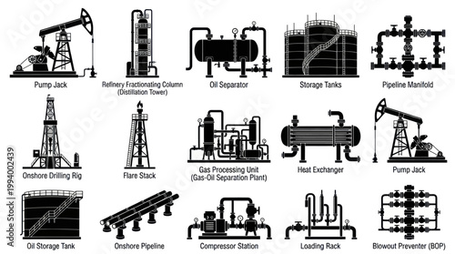 Oil and Gas Industry Equipment Icons: Glyph Set for Energy Sector