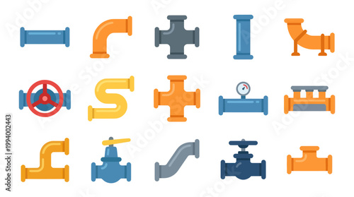 Flat Design Plumbing and Industrial Pipes Valves Set - Water System Engineering Elements