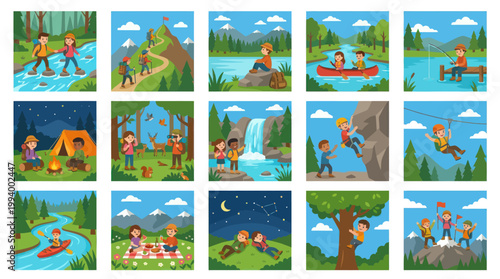 Flat Cartoon Kids Outdoor Adventure Activities Vector Illustrations Collection