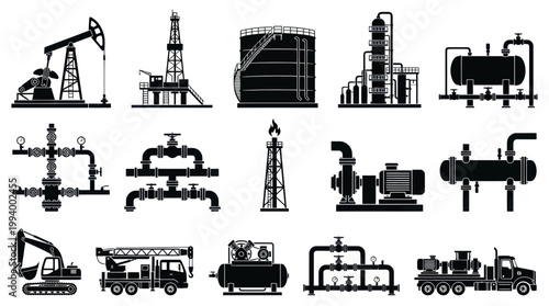 Black and White Vector Icons of Oil and Gas Industry Equipment