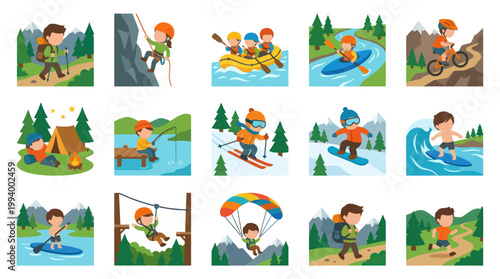 Children's Outdoor Adventure Sports and Recreation Activities Flat Vector Set