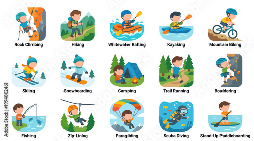 Outdoor Adventure Sports Activities Flat Design Vector Icons Set