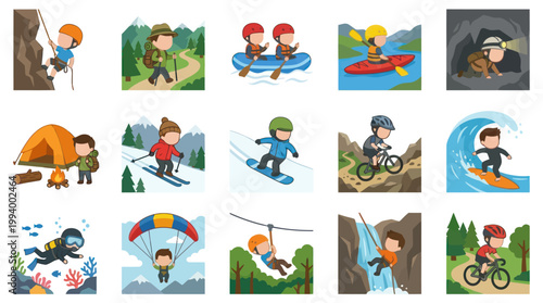 Cartoon Vector Illustration Set of People Engaging in Outdoor Adventure and Recreation Sports