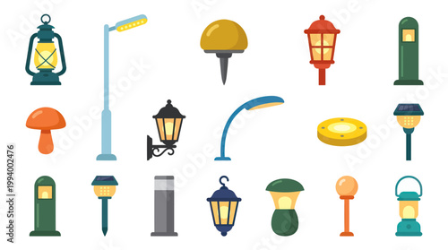 Flat Vector Outdoor Lighting Fixtures Icon Set - Streetlights, Garden Lamps, Lanterns